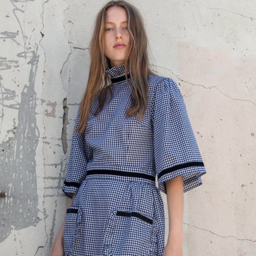 Batsheva Gingham Velvet Ribbon Bell Sleeve Blouse